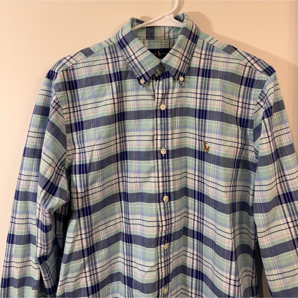 Ralph Lauren Men's Medium Teal Blue Plaid Tartan Button Up